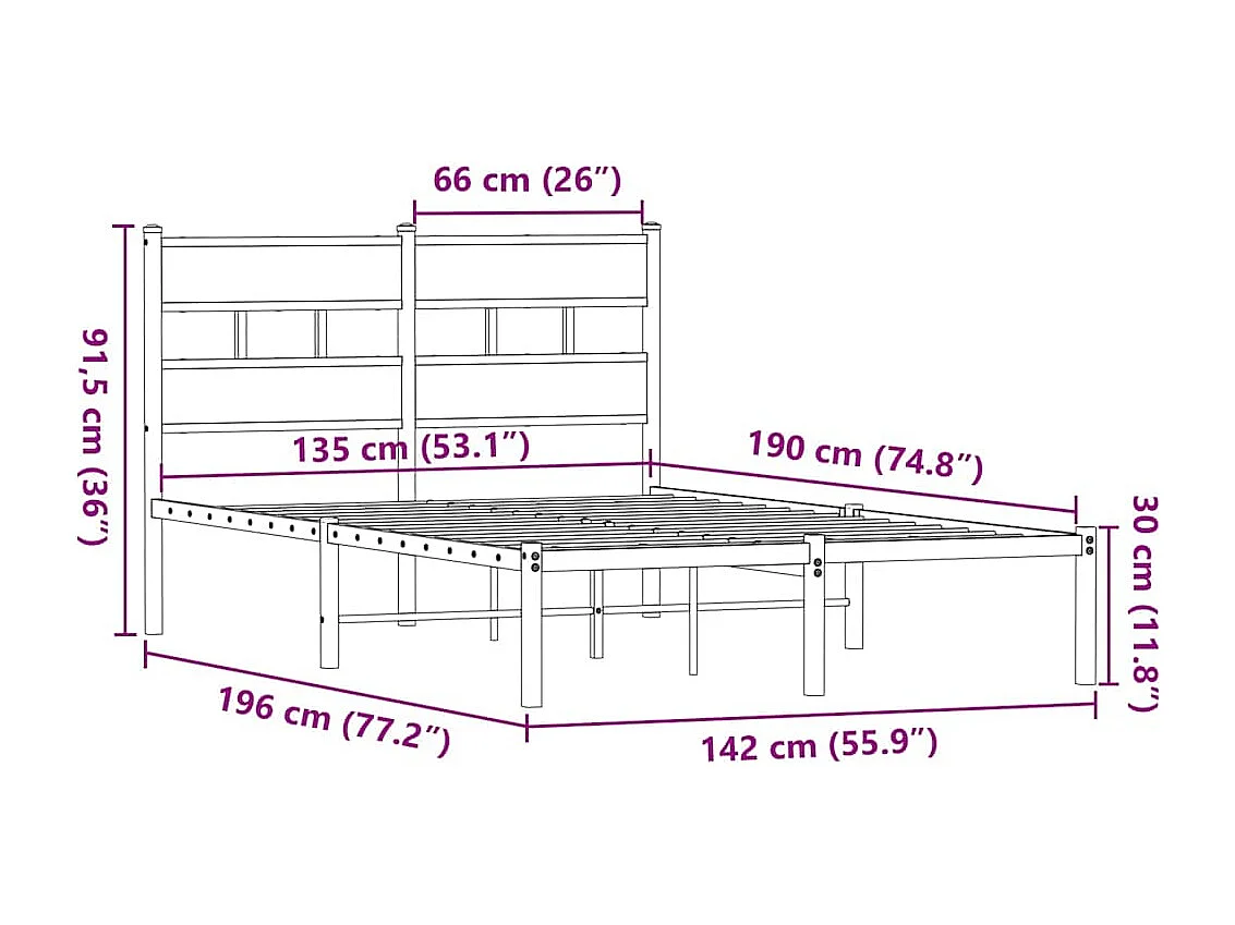 Letto per adulti | Letto matrimoniale | Giroletto senza Materaso in Metallo Rovere Fumo 135x190 cm