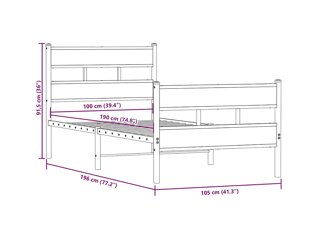 Lit simple | Lit adulte, enfant | Cadre de lit en métal chêne fumé 100x190 cm