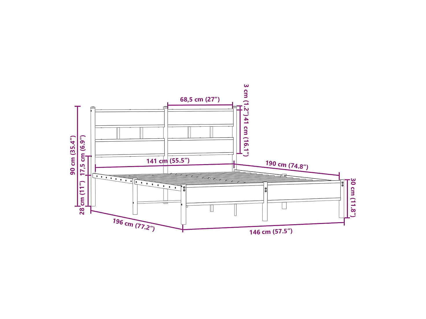 Lit double | Lit adulte | Cadre de lit avec tête de lit 140x190 cm