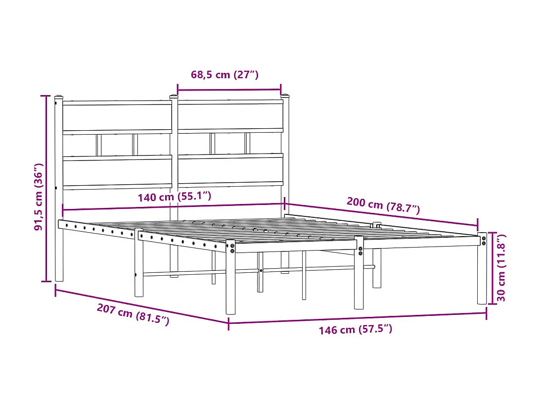 Letto per adulti | Letto matrimoniale | Giroletto senza Materaso in Metallo Rovere Fumo 140x200 cm