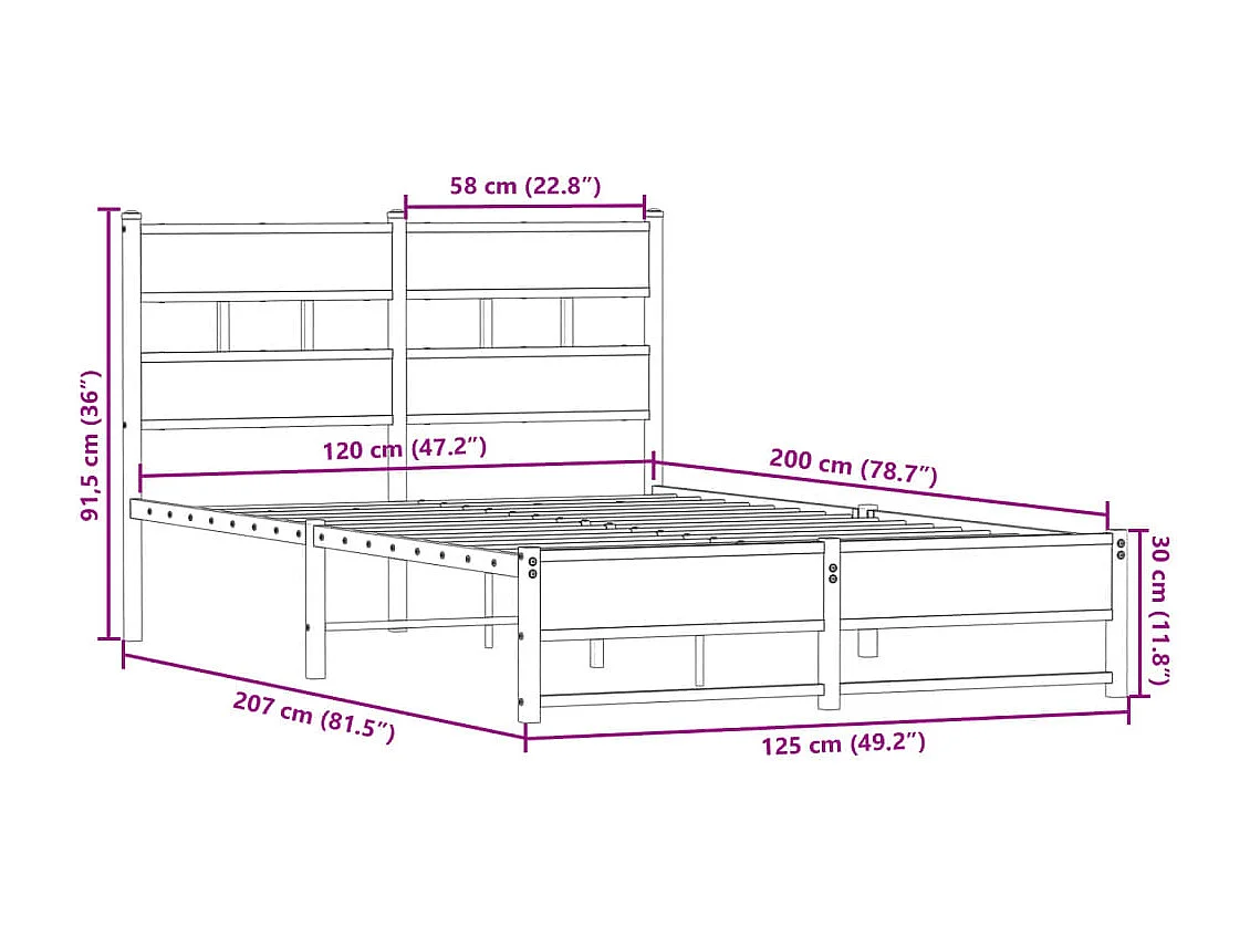 Letto per adulti | Letto singolo | Giroletto senza Materaso in Metallo Rovere Fumo 120x200 cm