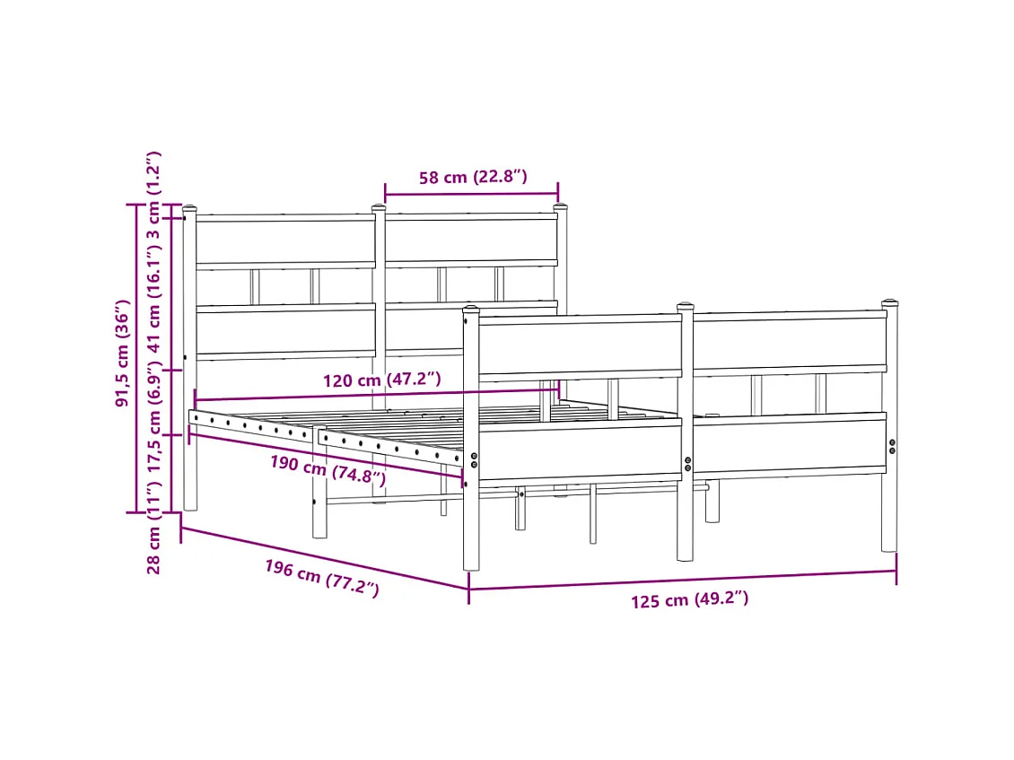 Lit simple | Lit adulte, enfant | Cadre de lit avec tête de lit et pied de lit 120x190 cm