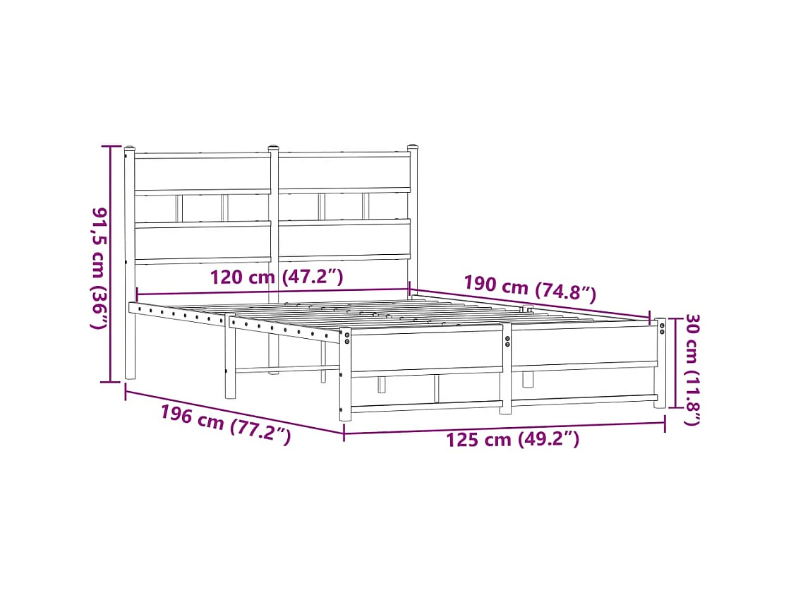 Lit simple | Lit adulte, enfant | Cadre de lit en métal chêne marron 120x190 cm