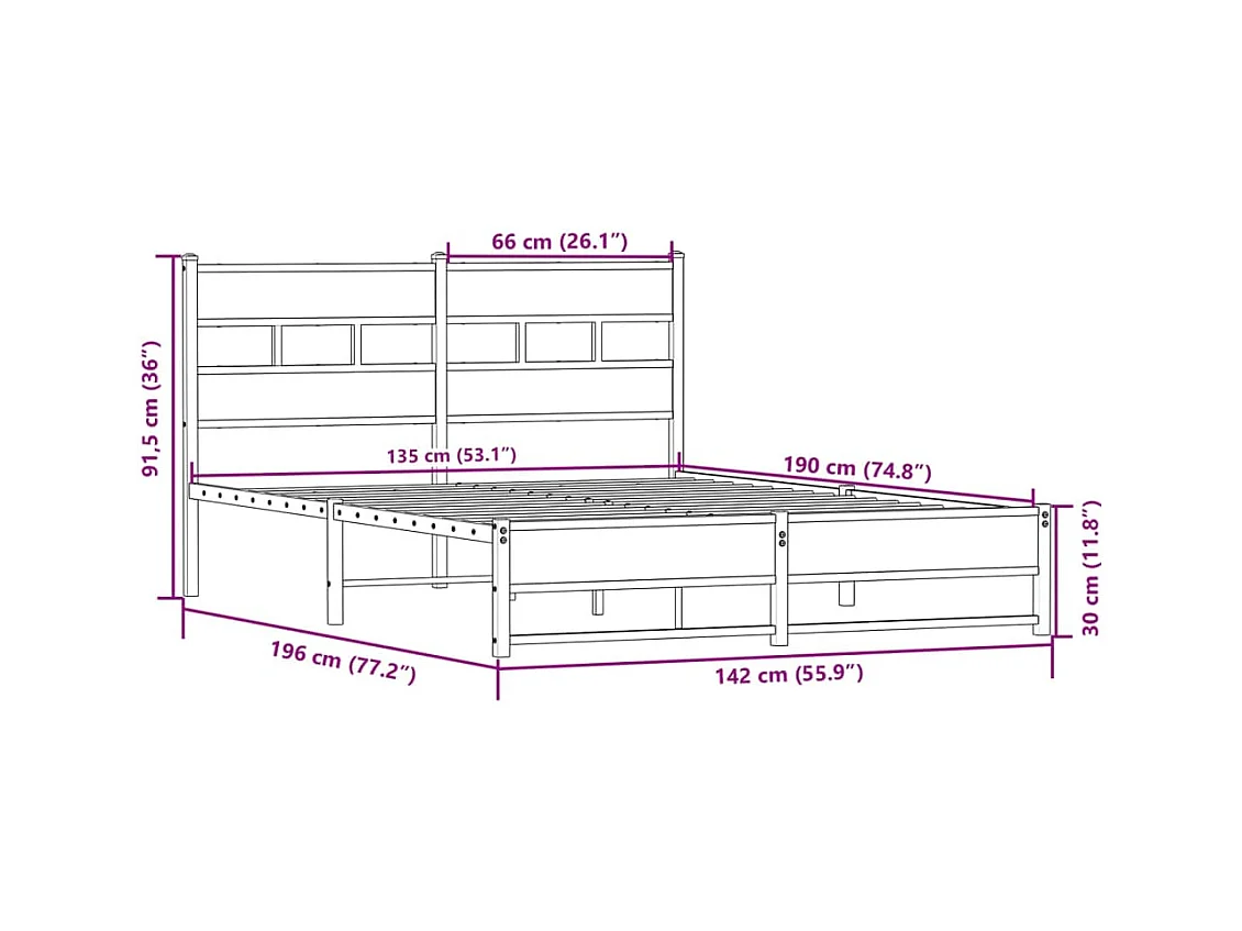 Lit double | Lit adulte | Cadre de lit en métal chêne sonoma 135x190 cm