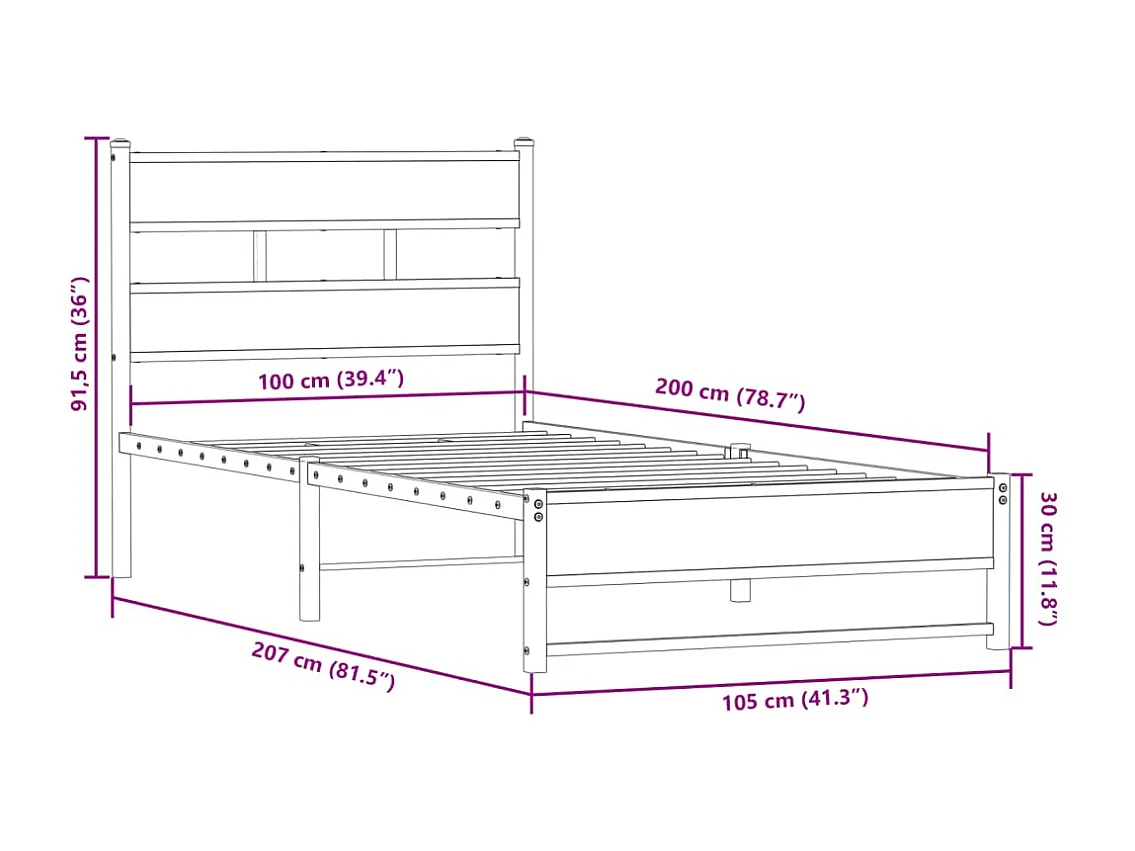 Lit simple | Lit adulte, enfant | Cadre de lit en métal chêne fumé 100x200 cm