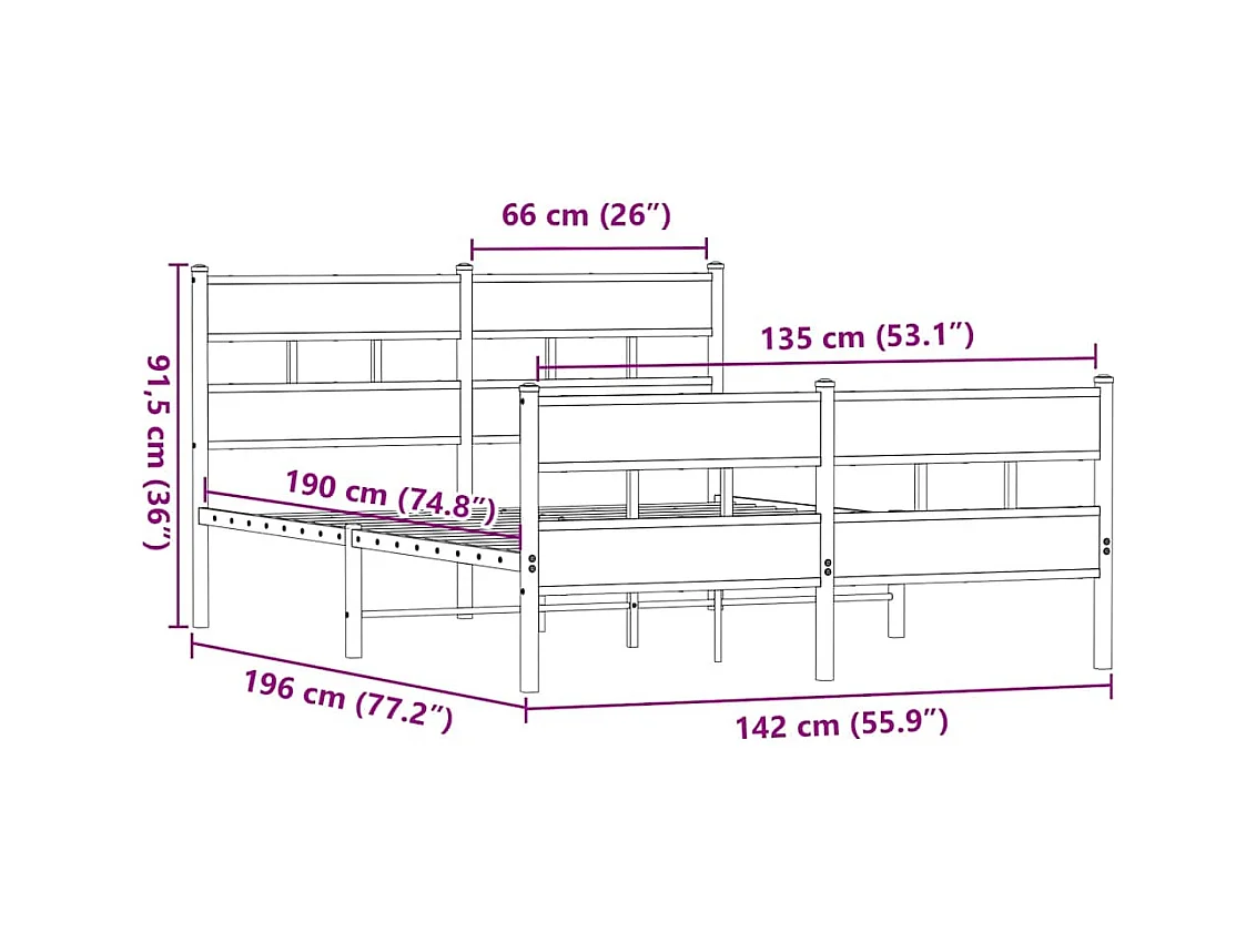 Lit double | Lit adulte | Cadre de lit en métal chêne fumé 135x190 cm