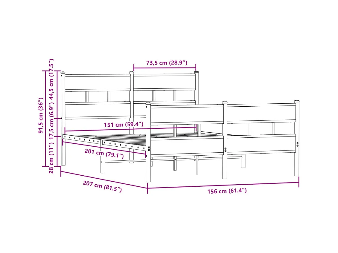 Lit double | Lit adulte | Cadre de lit en métal chêne marron 150x200 cm
