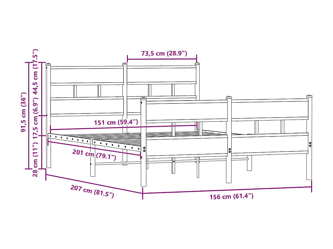Letto per adulti | Letto matrimoniale | Giroletto senza Materaso in Metallo Rovere Marrone 150x200 cm