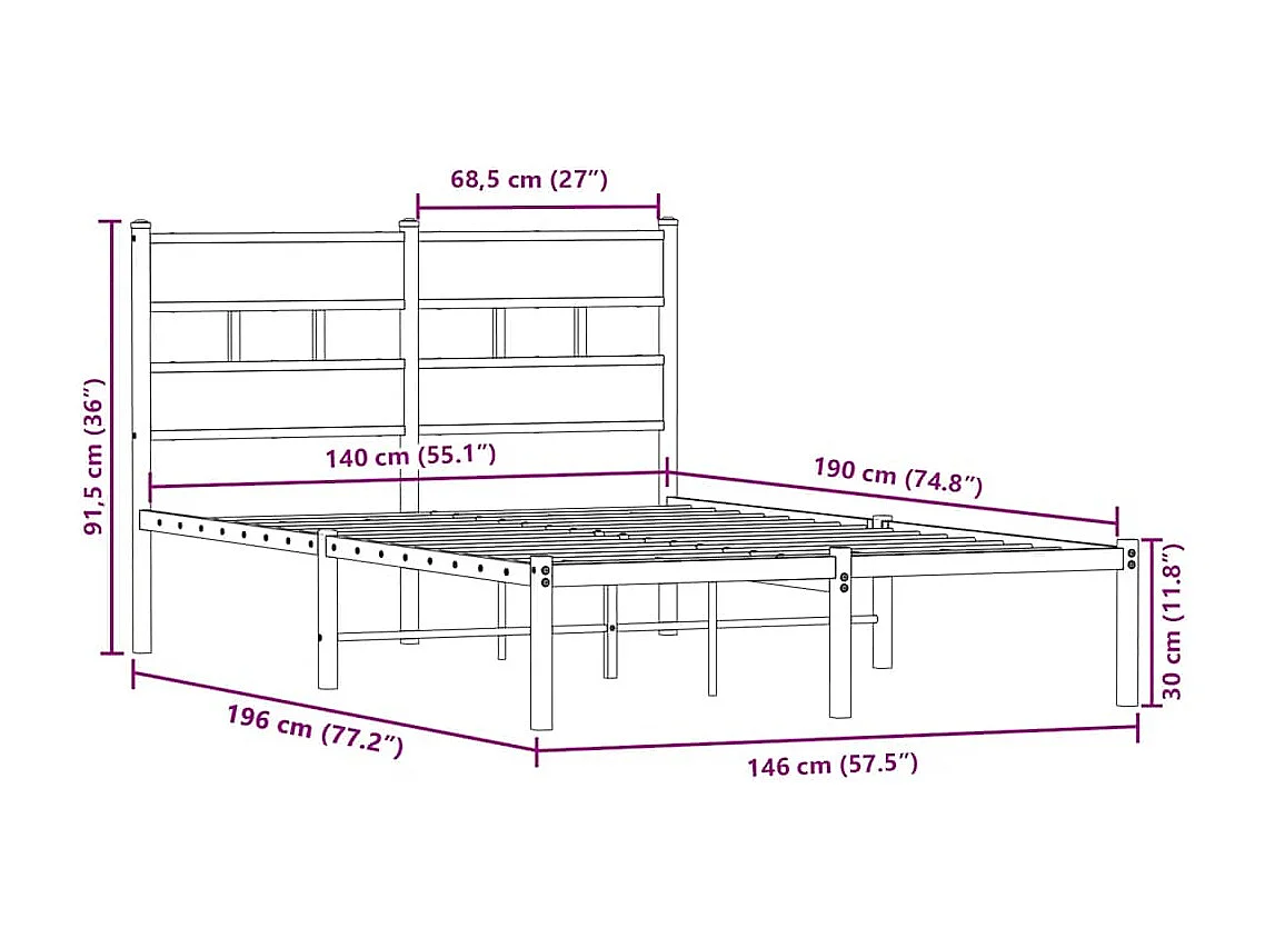 Lit double | Lit adulte | Cadre de lit en métal chêne sonoma 140x190 cm