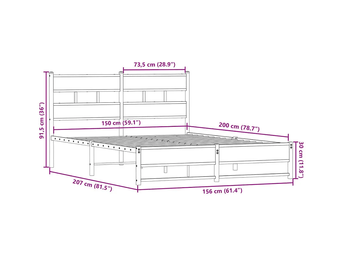 Lit double | Lit adulte | Cadre de lit en métal chêne fumé 150x200 cm