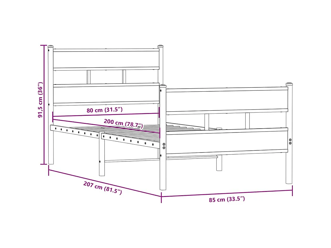 Lit simple | Lit adulte, enfant | Cadre de lit en métal chêne fumé 80x200 cm