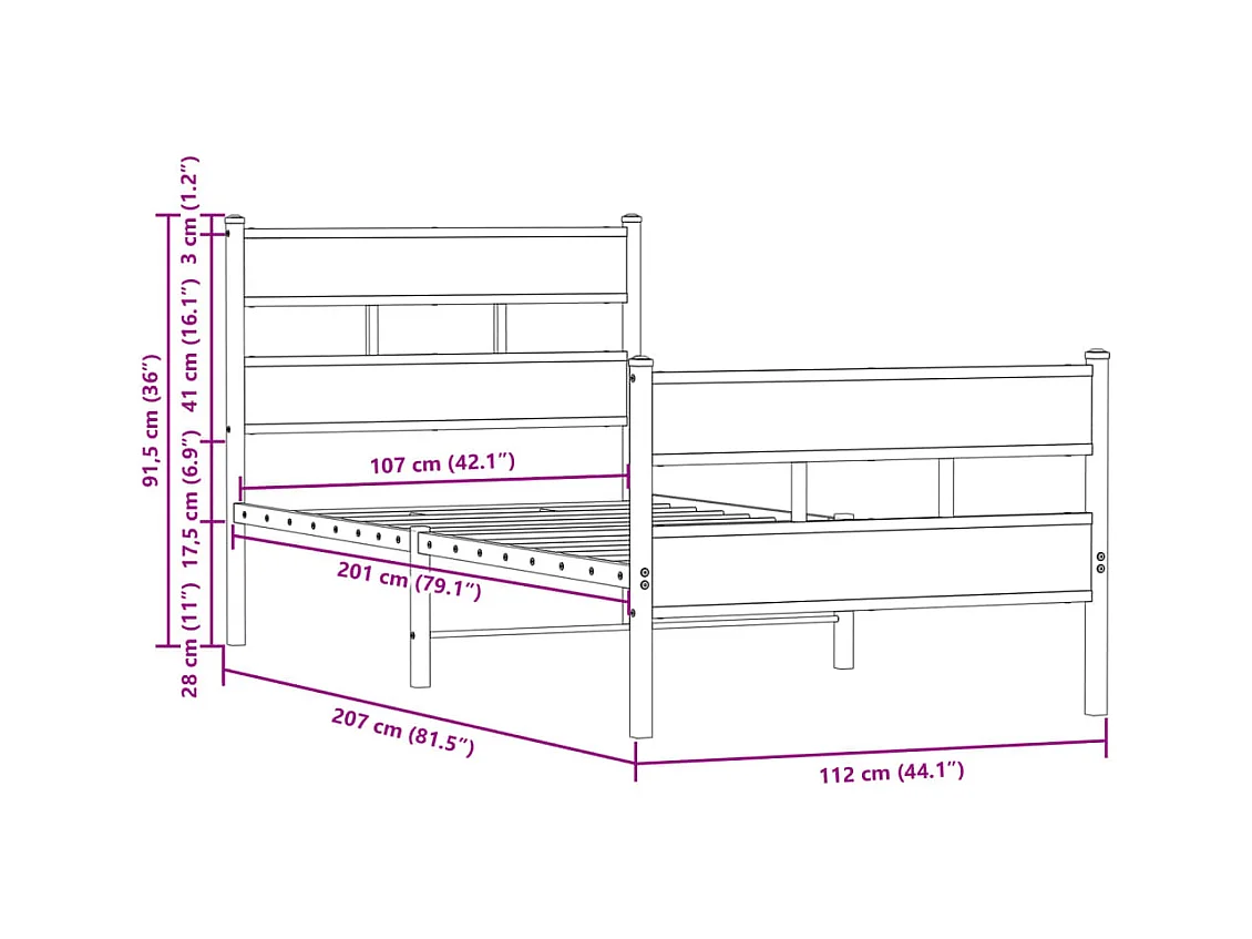 Lit simple | Lit adulte | Cadre de lit avec tête de lit et pied de lit 107x203 cm