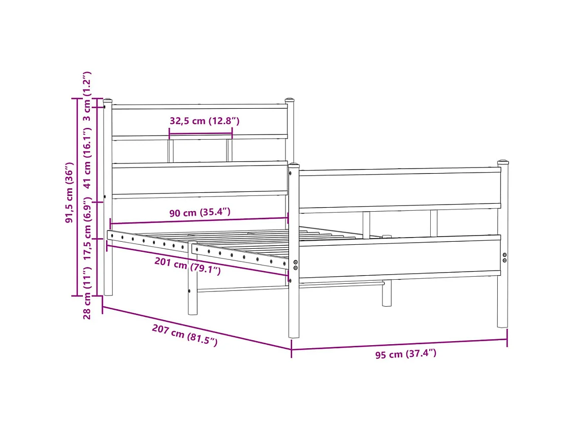Lit simple | Lit adulte, enfant | Cadre de lit avec tête de lit pied de lit 90x200cm