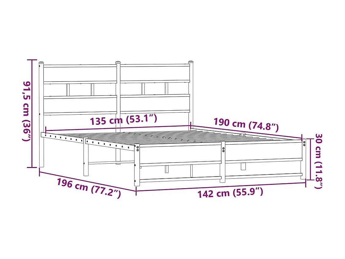 Lit double | Lit adulte | Cadre de lit en métal chêne marron 135x190 cm