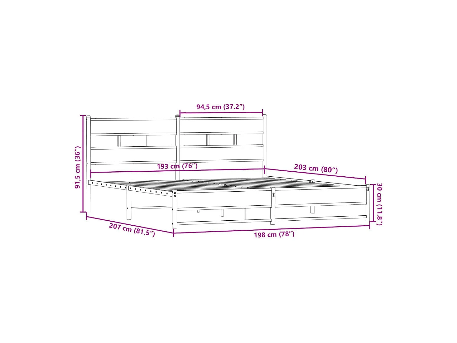 Lit double | Lit adulte | Cadre de lit en métal chêne fumé 193x203 cm