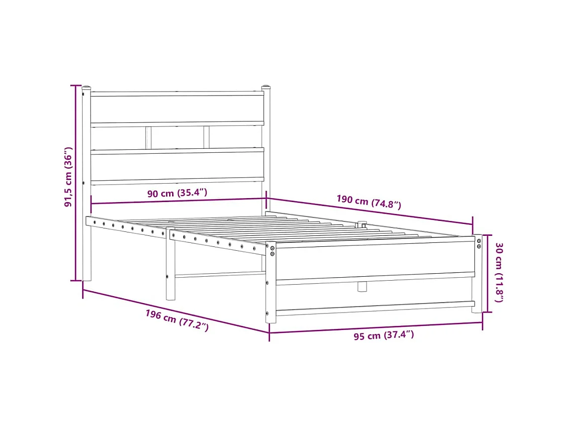Lit simple | Lit adulte, enfant | Cadre de lit en métal chêne fumé 90x190 cm