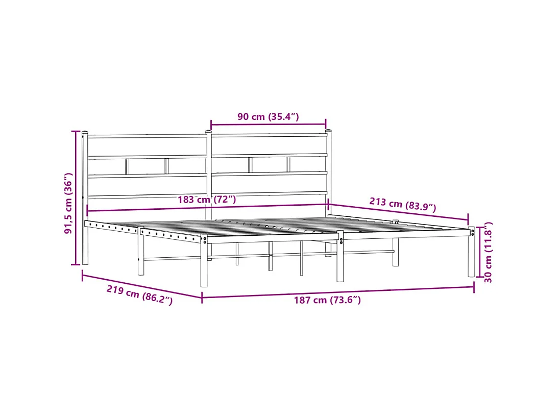 Lit double | Lit adulte | Cadre de lit en métal chêne fumé 183x213 cm