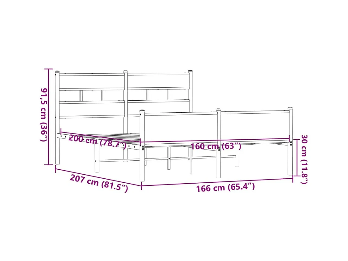 Lit double | Lit adulte | Cadre de lit en métal chêne marron 160x200 cm