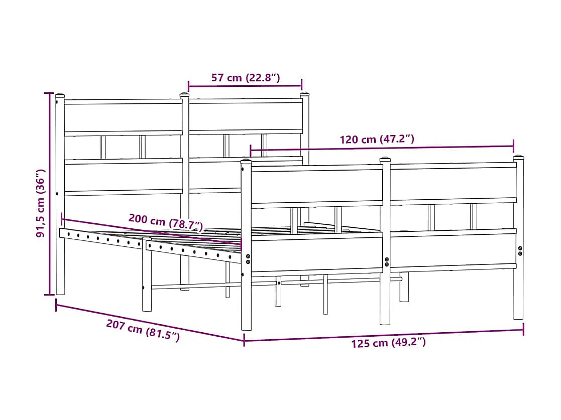 Letto per adulti | Letto singolo | Giroletto senza Materaso in Metallo Rovere Fumo 120x200 cm