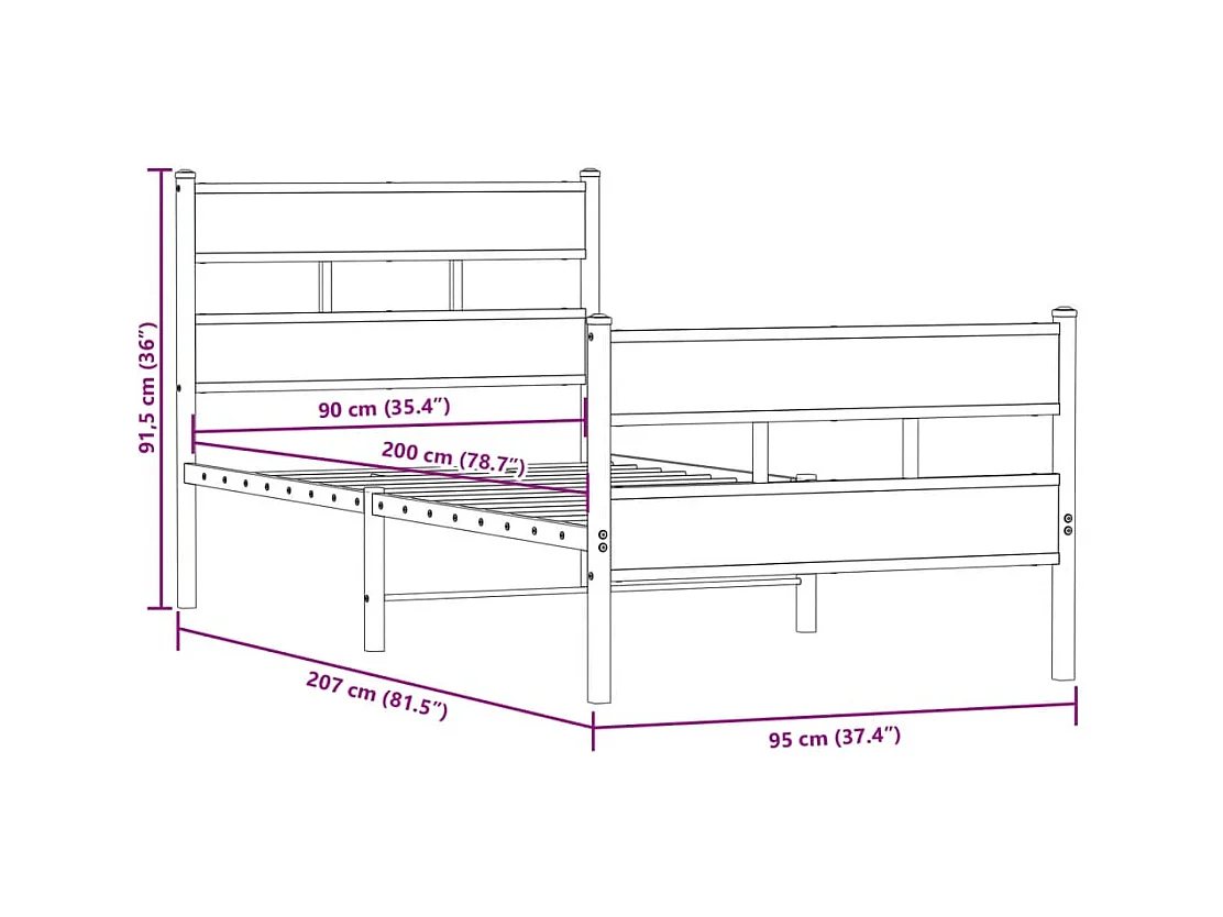 Lit simple | Lit adulte, enfant | Cadre de lit en métal chêne sonoma 90x200 cm