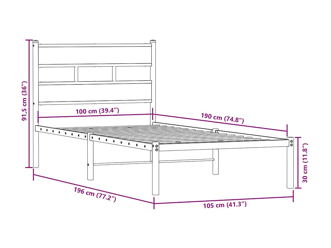 Letto per adulti | Letto singolo | Giroletto senza Materaso in Metallo Rovere Fumo 100x190 cm