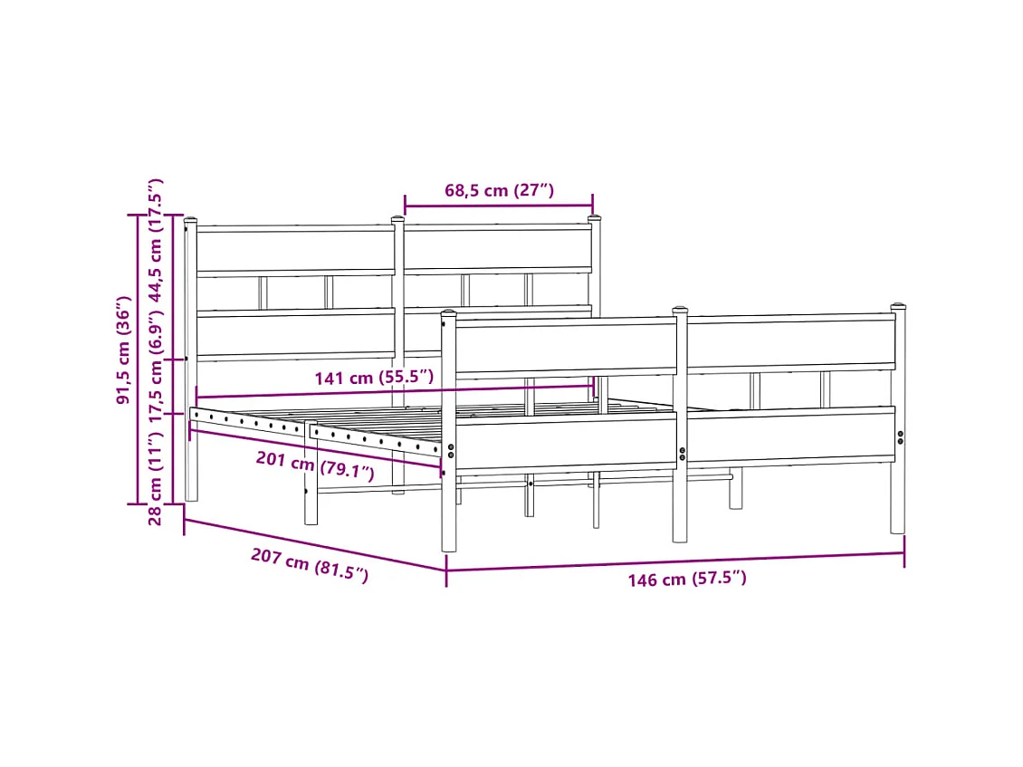 Lit double | Lit adulte | Cadre de lit avec tête de lit et pied de lit 140x200 cm