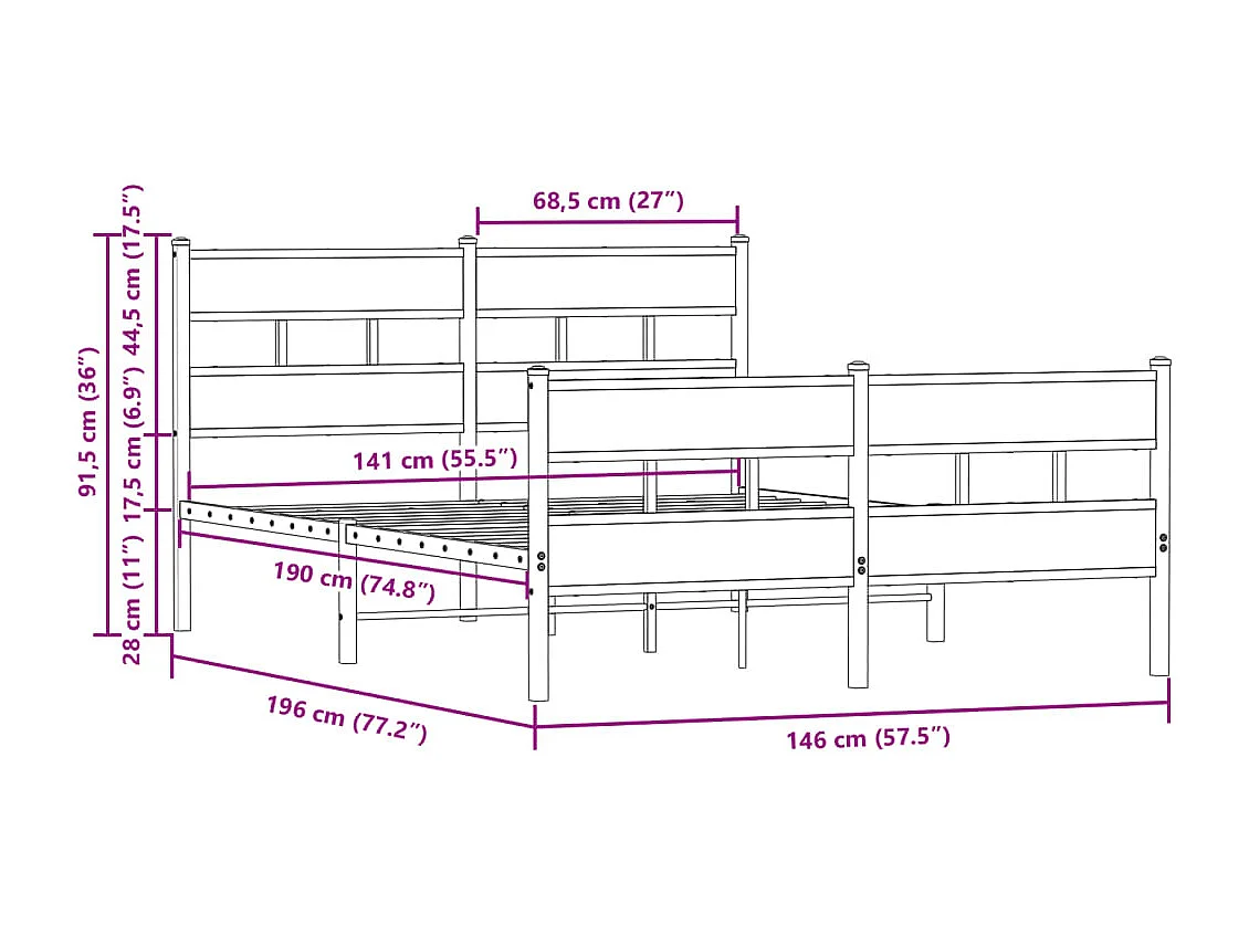 Lit double | Lit adulte | Cadre de lit avec tête de lit et pied de lit 140x190 cm