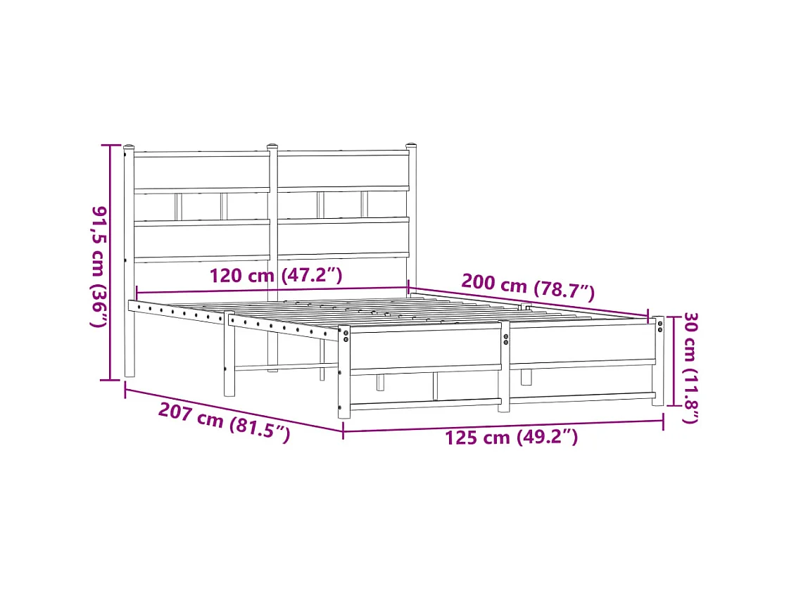 Lit simple | Lit adulte, enfant | Cadre de lit en métal chêne marron 120x200 cm