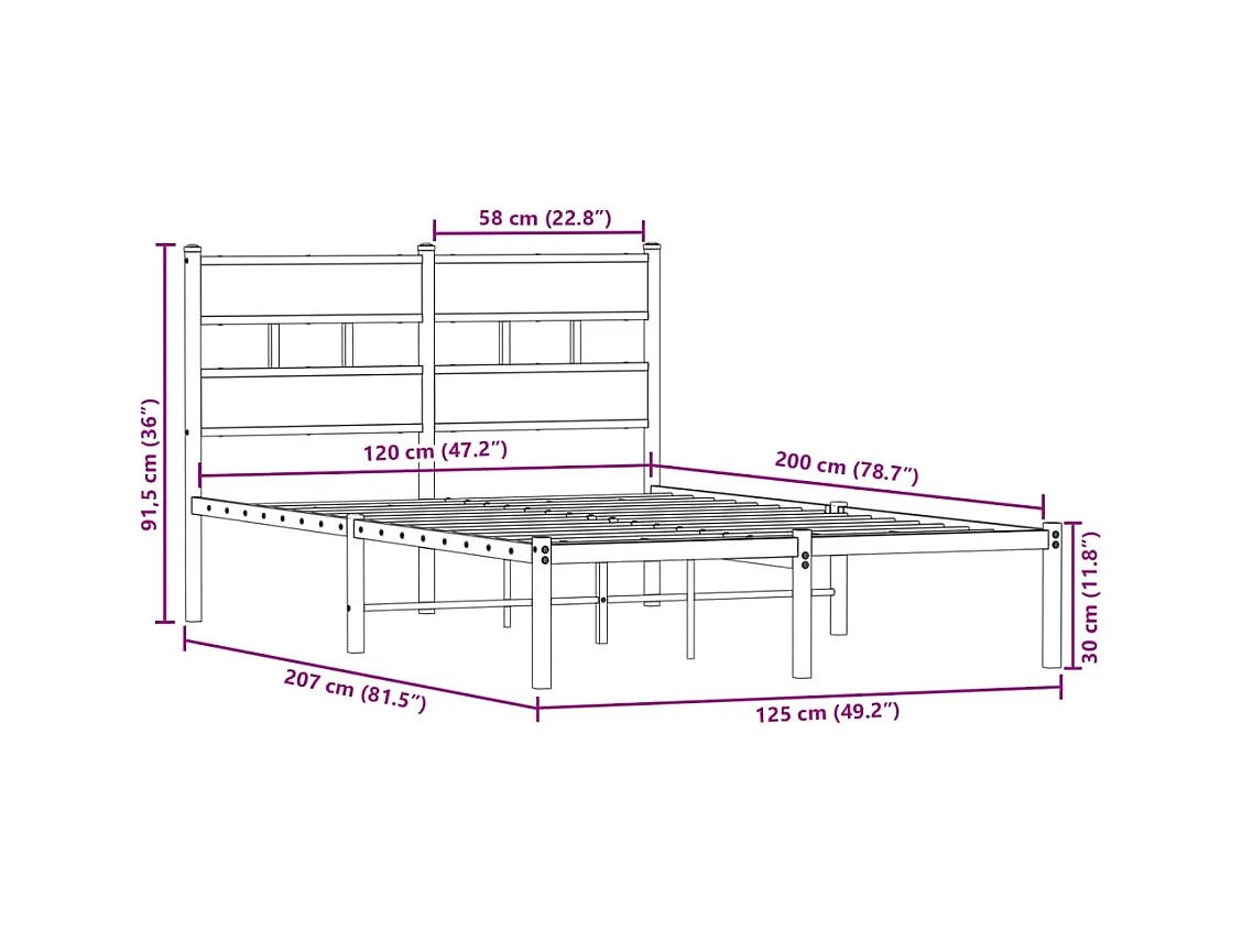 Lit simple | Lit adulte, enfant | Cadre de lit en métal chêne fumé 120x200 cm