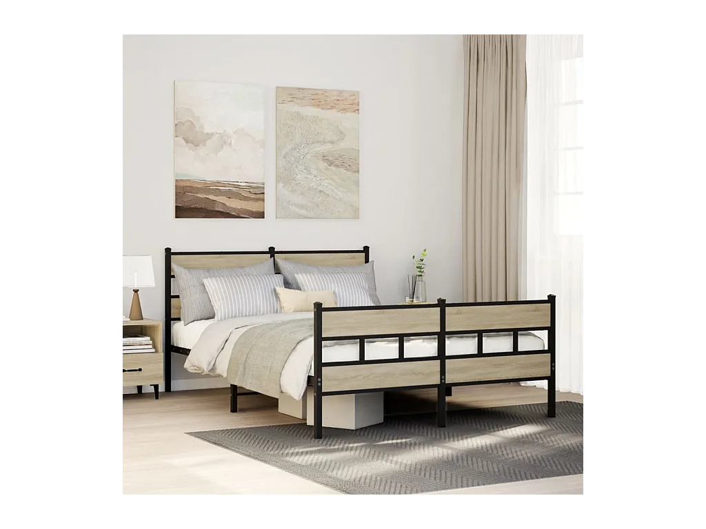 Lit double | Lit adulte | Cadre de lit en métal chêne sonoma 150x200 cm