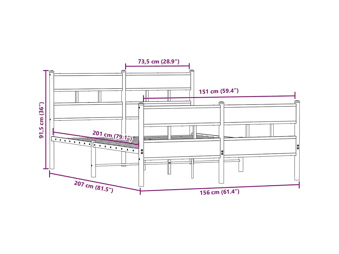Lit double | Lit adulte | Cadre de lit en métal chêne sonoma 150x200 cm