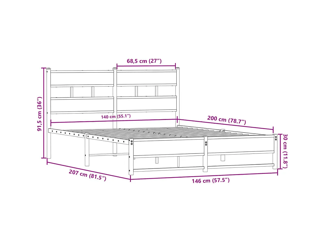 Lit double | Lit adulte | Cadre de lit en métal chêne fumé 140x200 cm
