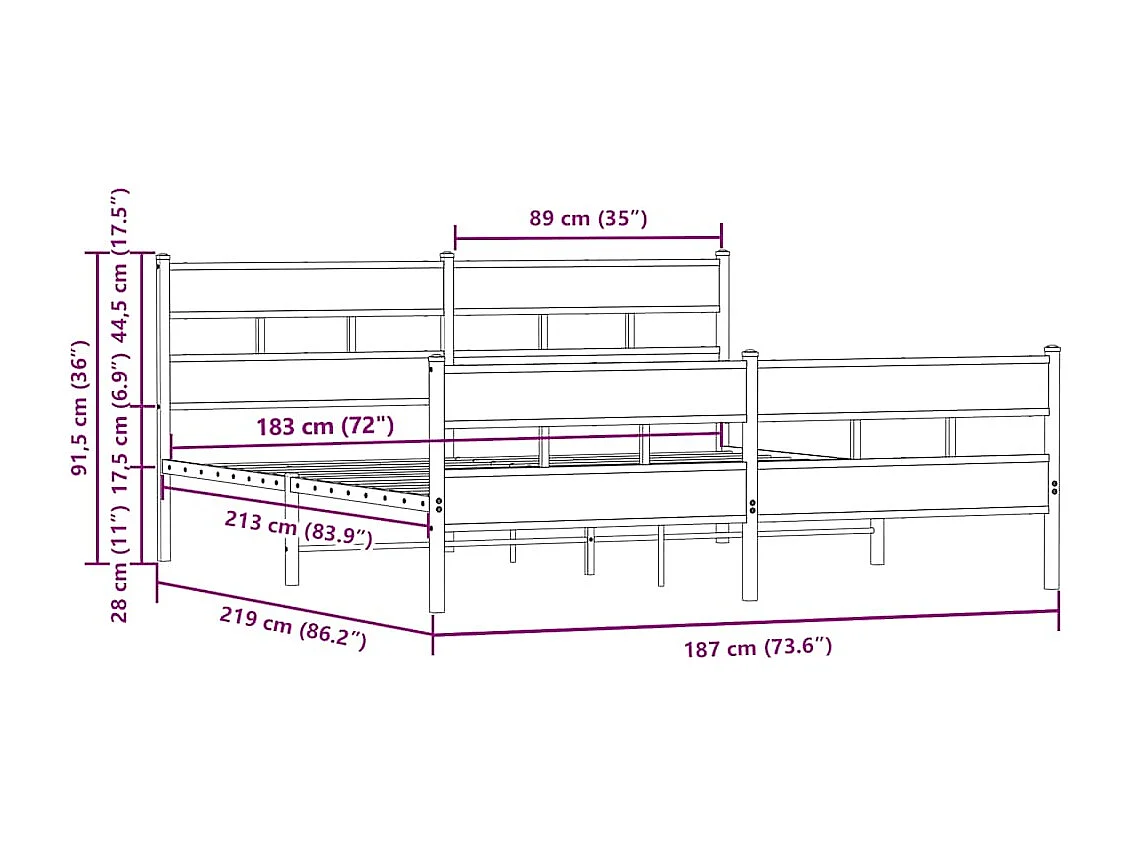 Lit double | Lit adulte | Cadre de lit en métal chêne marron 183x213 cm