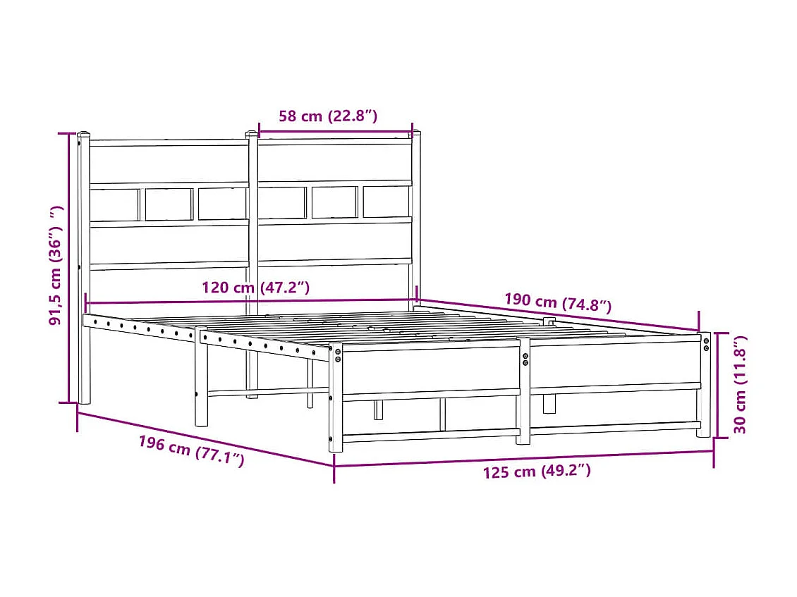Letto per adulti | Letto singolo | Giroletto senza Materaso in Metallo Rovere Sonoma 120x190 cm