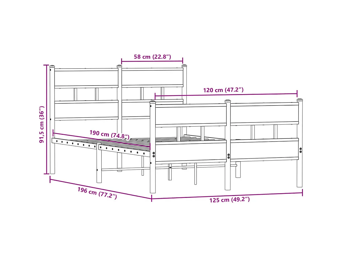 Lit simple | Lit adulte, enfant | Cadre de lit en métal chêne fumé 120x190 cm