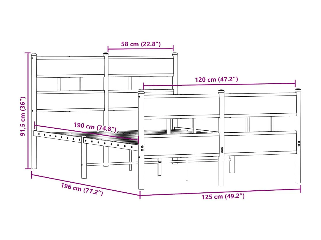 Letto per adulti | Letto singolo | Giroletto senza Materasso in Metallo Rovere Fumo 120x190 cm