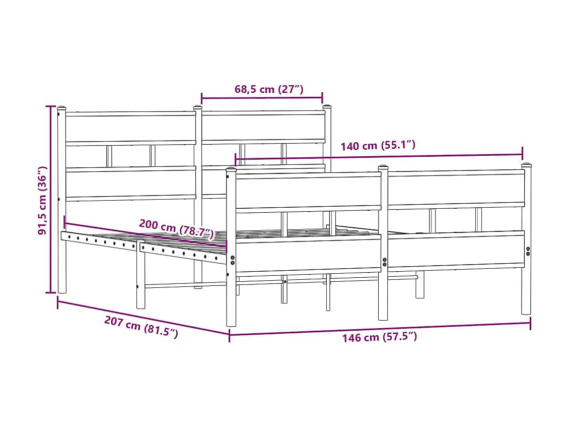 Lit double | Lit adulte | Cadre de lit en métal chêne fumé 140x200 cm