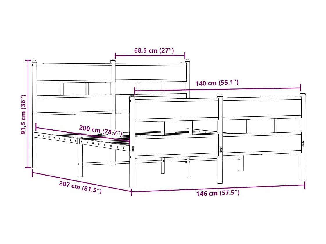 Letto per adulti | Letto matrimoniale | Giroletto senza Materaso in Metallo Rovere Fumo 140x200 cm
