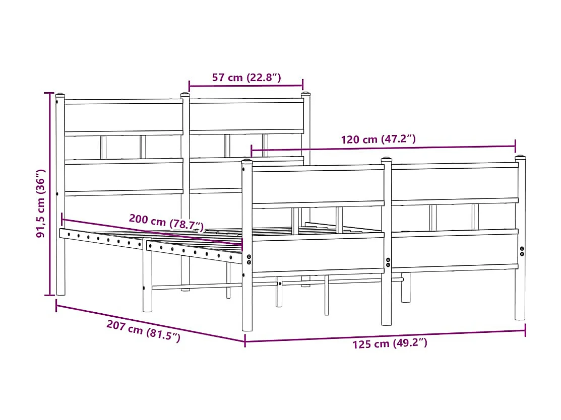Letto per adulti | Letto singolo | Giroletto senza Materaso in Metallo Rovere Sonoma 120x200 cm