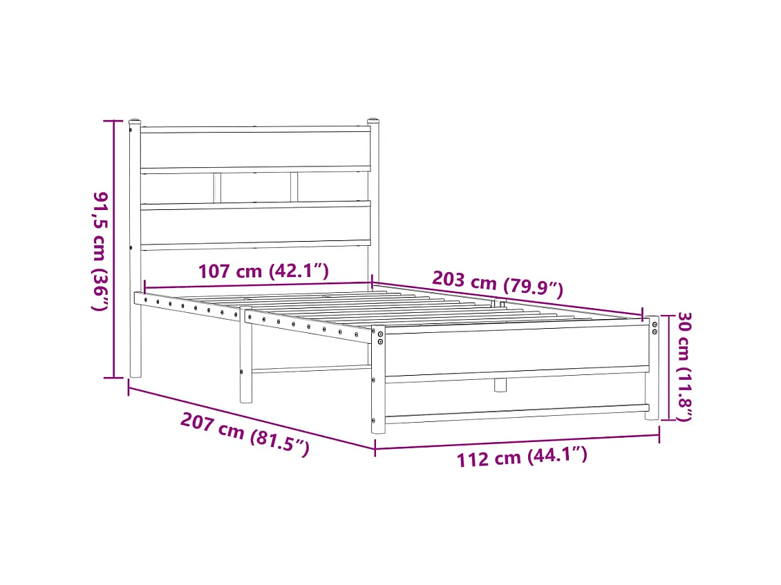 Lit simple | Lit adulte, enfant | Cadre de lit en métal chêne marron 107x203 cm