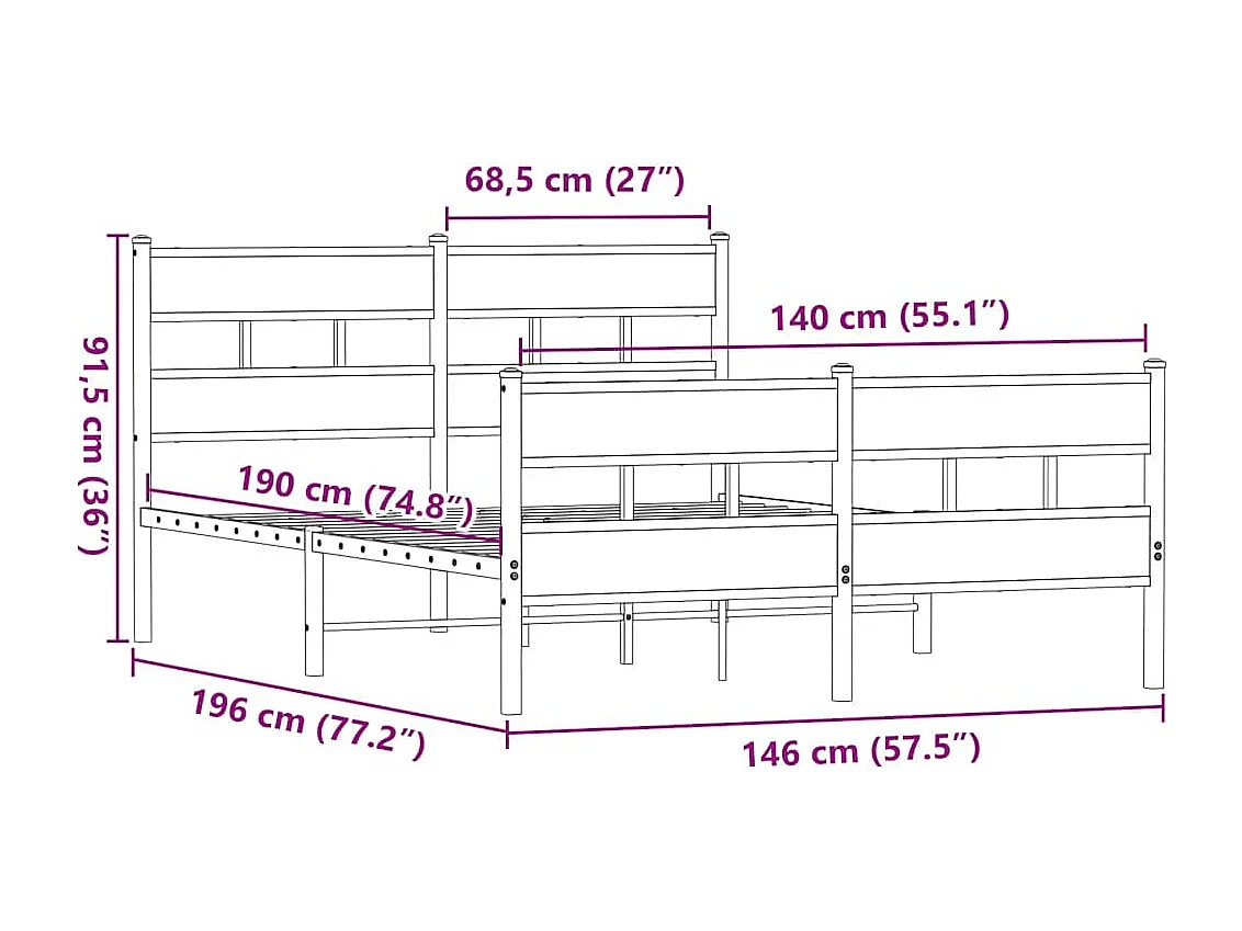 Lit double | Lit adulte | Cadre de lit en métal chêne fumé 140x190 cm