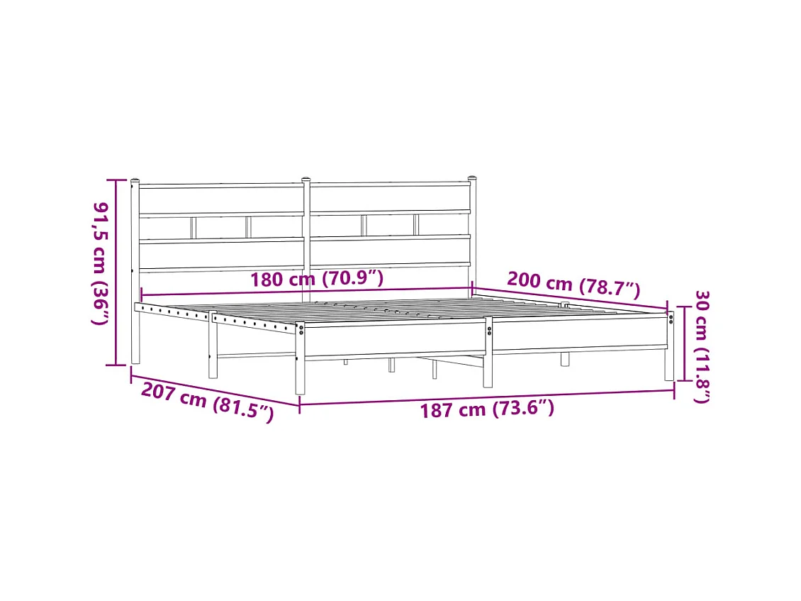 Lit double | Lit adulte | Cadre de lit en métal chêne marron 180x200 cm