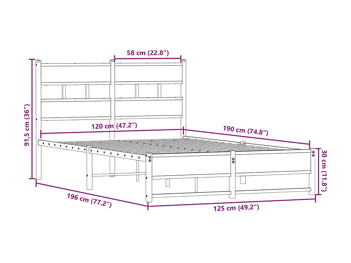 Letto per adulti | Letto singolo | Giroletto senza Materasso in Metallo Rovere Fumo 120x190 cm
