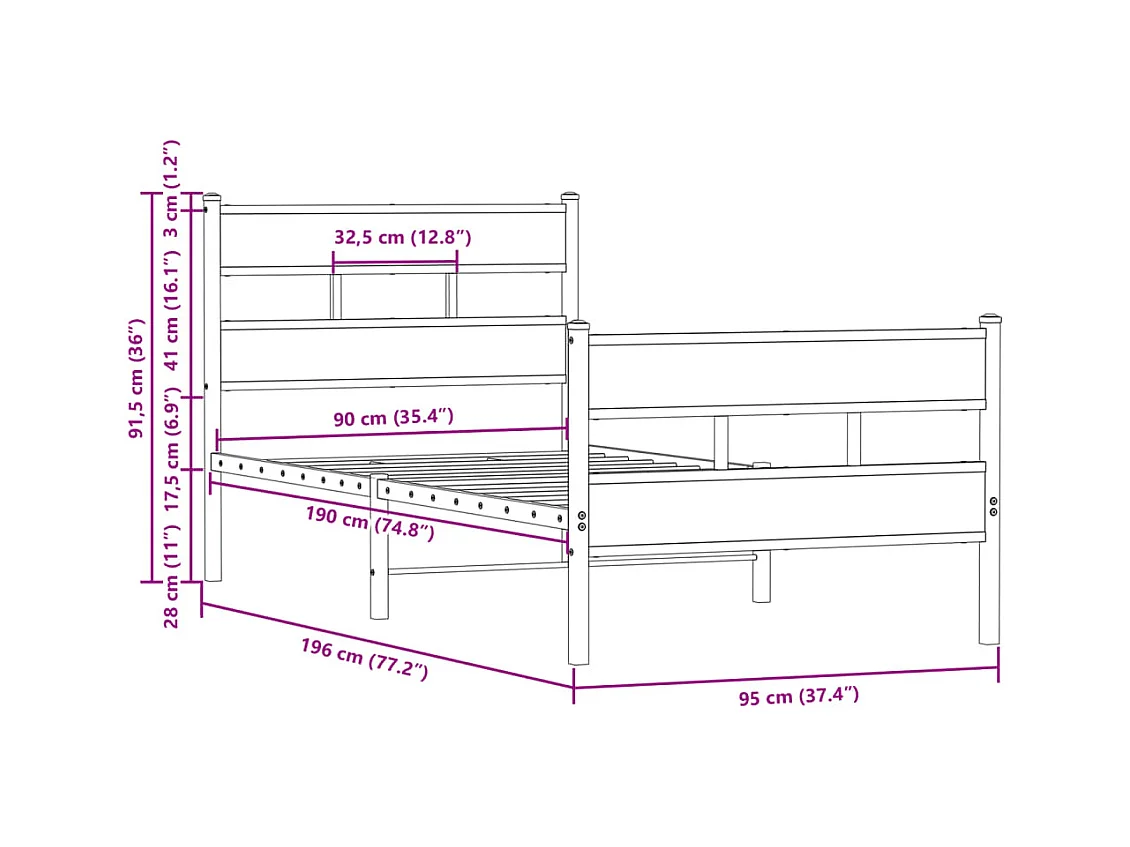 Lit simple | Lit adulte, enfant | Cadre de lit avec tête de lit pied de lit 90x190cm