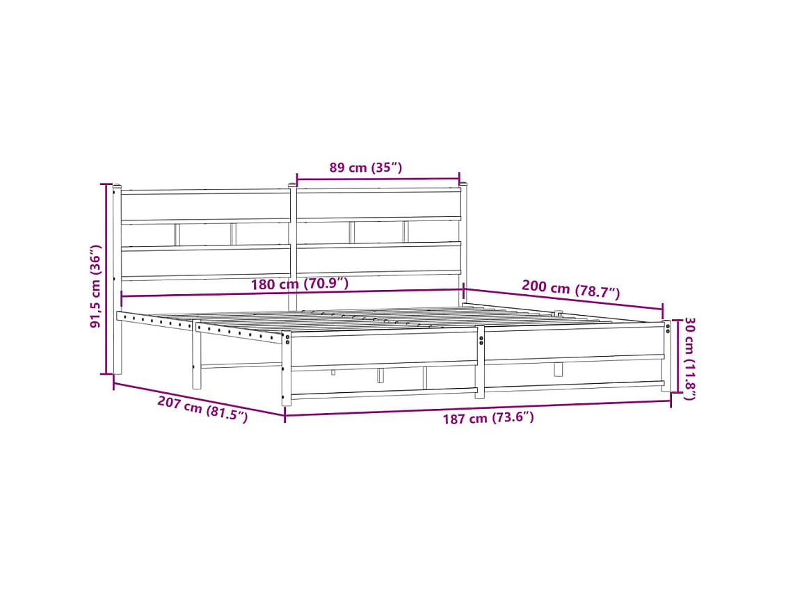 Lit double | Lit adulte | Cadre de lit en métal chêne fumé 180x200 cm