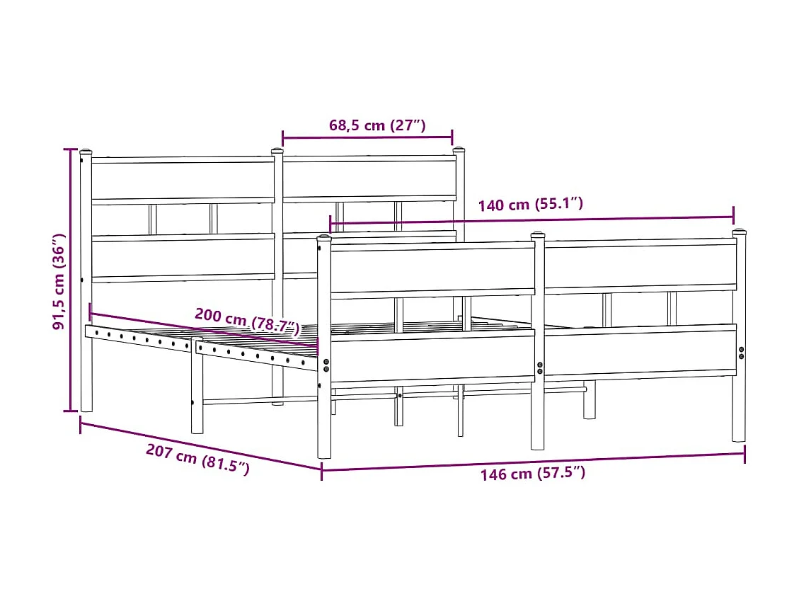 Letto per adulti | Letto matrimoniale | Giroletto senza Materaso in Metallo Rovere Sonoma 140x200 cm
