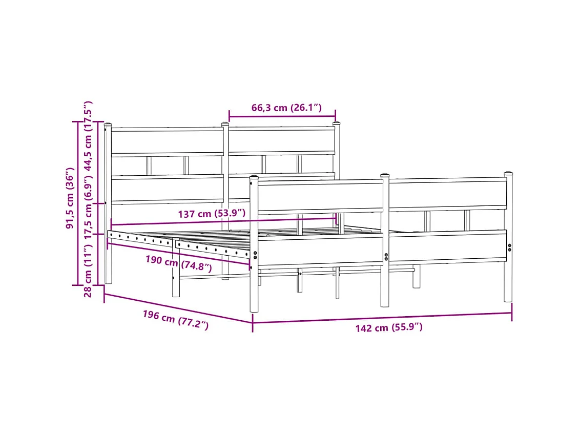 Lit double | Lit adulte | Cadre de lit avec tête de lit et pied de lit 137x190 cm