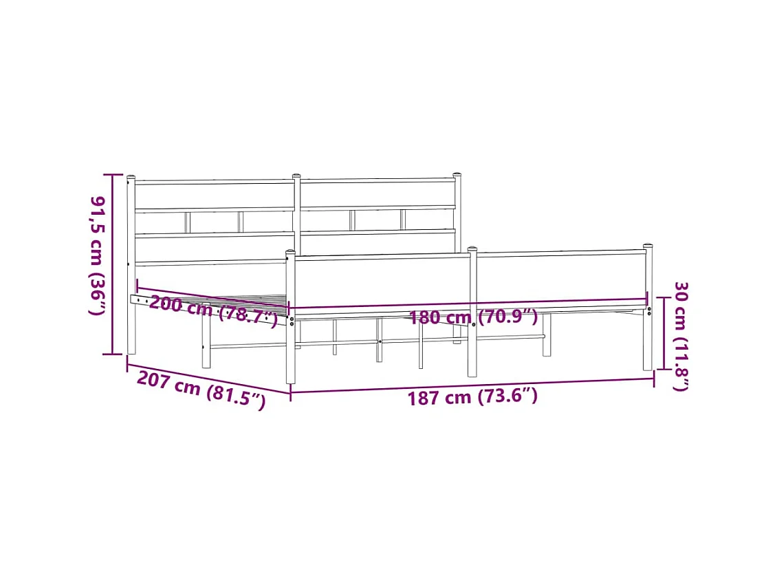 Lit double | Lit adulte | Cadre de lit en métal chêne marron 180x200 cm