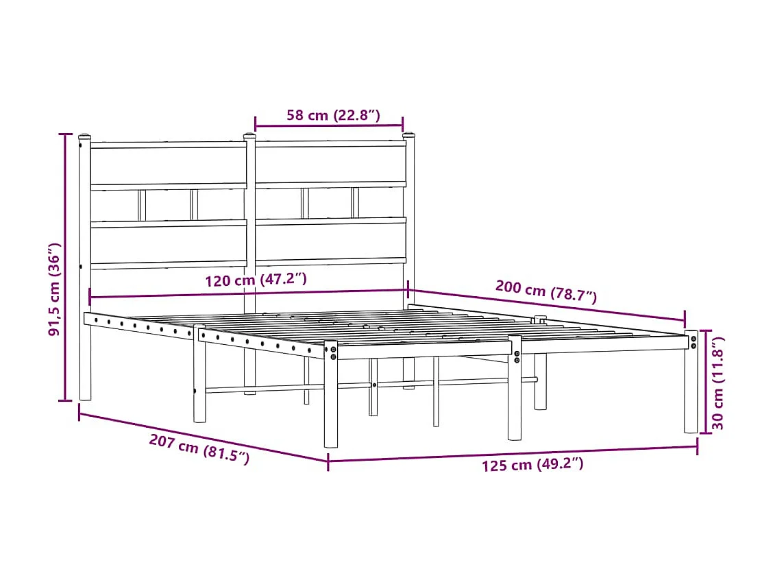 Letto per adulti | Letto singolo | Giroletto senza Materaso in Metallo Rovere Sonoma 120x200 cm