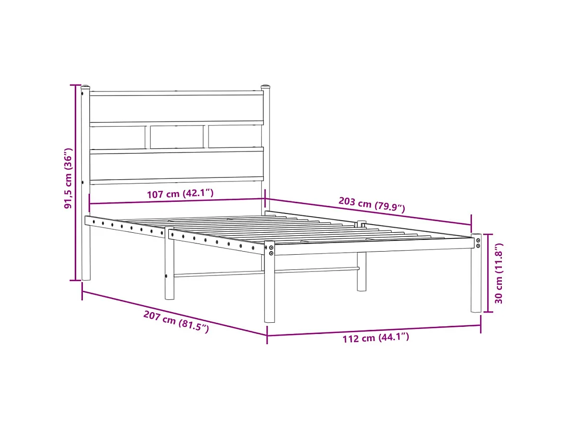 Lit simple | Lit adulte, enfant | Cadre de lit en métal chêne fumé 107x203 cm